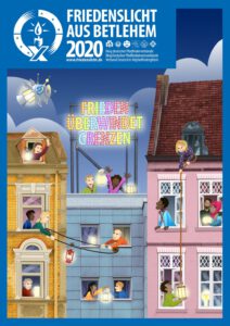 Plakat zum Friedenslicht 2020 ztum Thema "Frieden überwindet Grenzen"