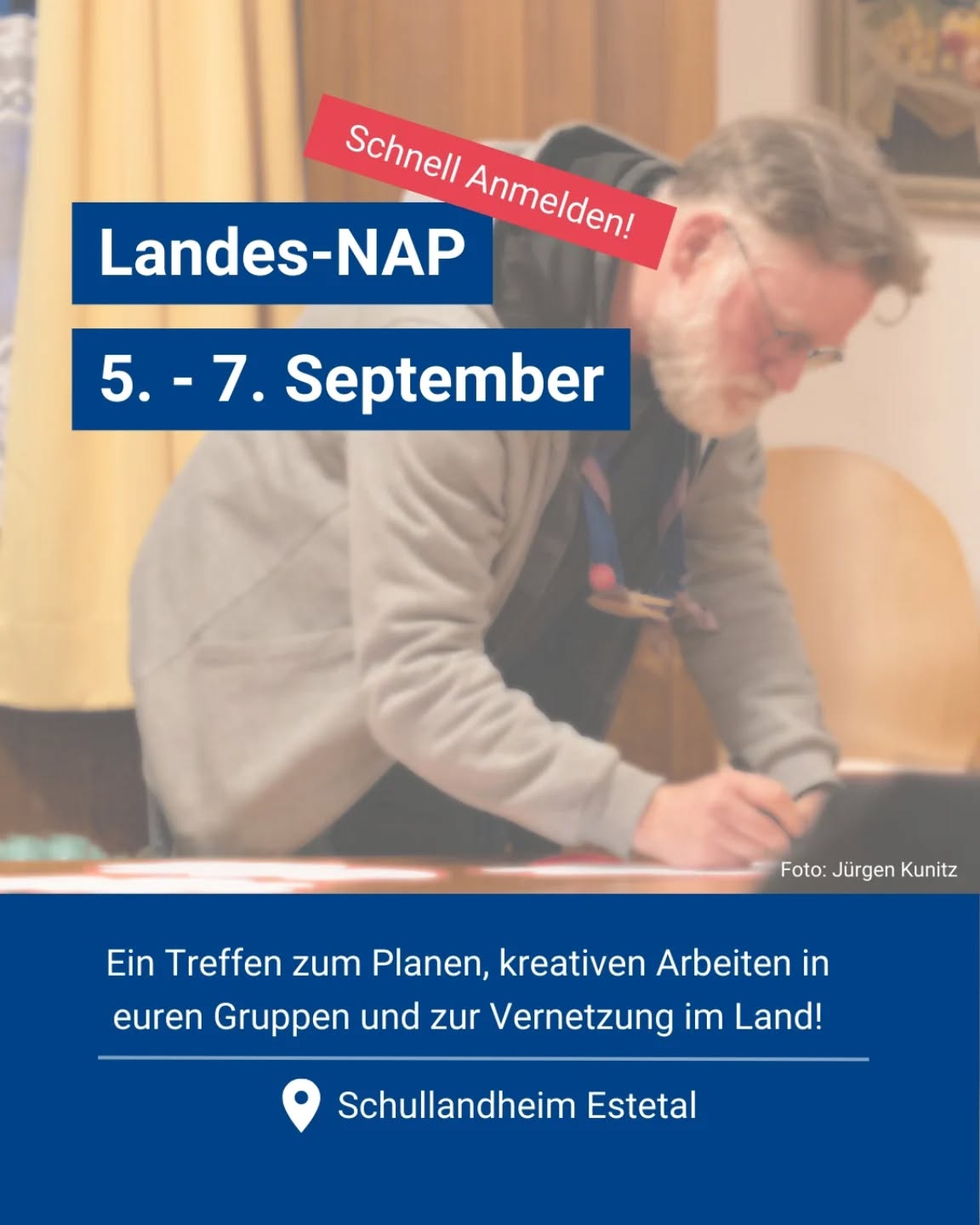 Es gibt noch ein paar Plätze für unseren ersten Landes-NAP vom 5.-7. September! Die Abkürzung steht für „Landes-Netzwerk-, Arbeits- und Planungstreffen“ und das Wochenende bietet die Möglichkeit euch in euren AGs/ AKs/ PGs und Planungsteams vor Ort zu treffen. Auf dem NAP könnt ihr Leute aus dem ganzen Land kennenlernen, euch vernetzen und habt auch genug Zeit, um an euren eigenen und gemeinsamen Projekten zu planen oder kreativ zu werden!

Anders als es im Knotenpunkt steht, ist das Wochenende für euch KOSTENLOS und auch wer einfach Menschen und Themen im Land kennenlernen möchte, ist herzlich eingeladen!

Abends gibt es entspanntes, gemeinsames Abendprogramm und ein wunderbares Café von Conny!

Meldet euch noch schnell an, denn ein NAP tut immer gut! 

Liebe Grüße und bis dahin,
Eure Landesleitung

/eg