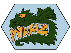 Zeichnung eines grünen Drachens vor hellblauem Hintergund und dem orangenen Schriftzug "Myralon".